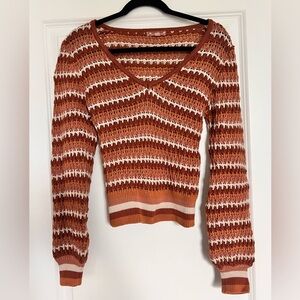 Love Colétte White and Orange V-Neck Crochet Sweater